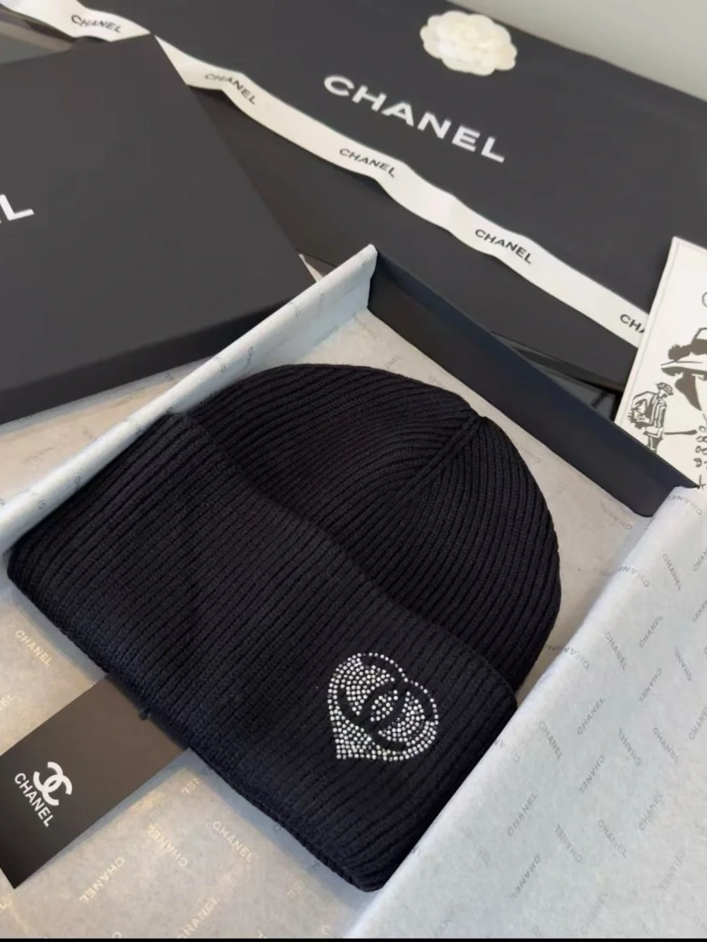 CHANEL Black Ribbed Kids Knit Beanie with Crystal Heart